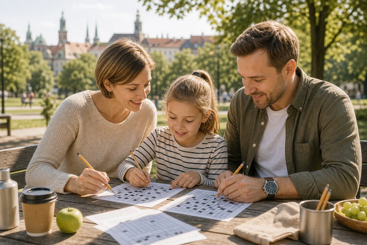 Młoda polska rodzina rozwiązuje krzyżówki w parku.