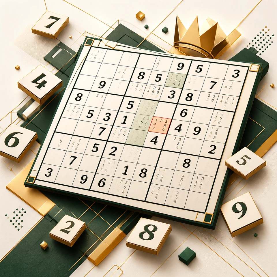 Żywa ilustracja Sudoku z planszą, cyframi i złotym akcentem